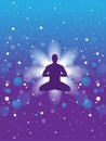 Vector banner with meditation man on abstract violet background with stars and spheres Yoga in the universe. Man in the lotus posi Royalty Free Stock Photo